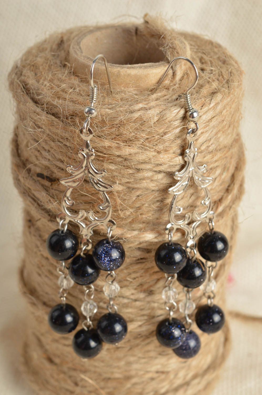 Handmade designer elegant metal earrings with black acrylic beads photo 1