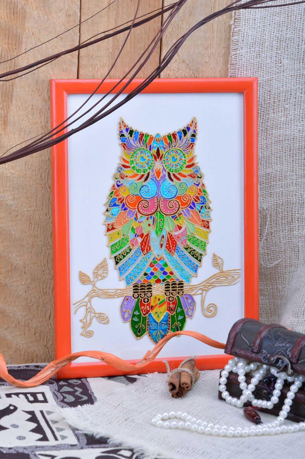 Стеклянная картина с витражной росписью в раме ручная работа Разноцветная сова фото 1