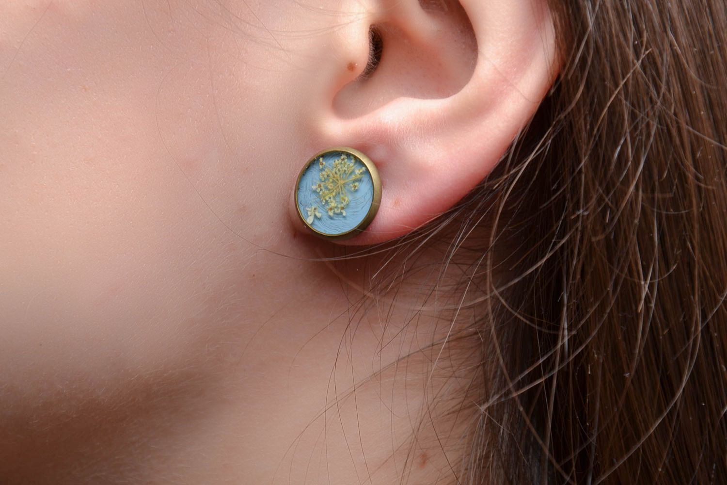 Blue earrings with natural flowers in epoxy resin photo 2