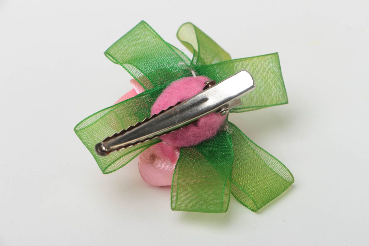 Hairpin made of satin ribbons pink flower handmade designer hair accessory photo 4