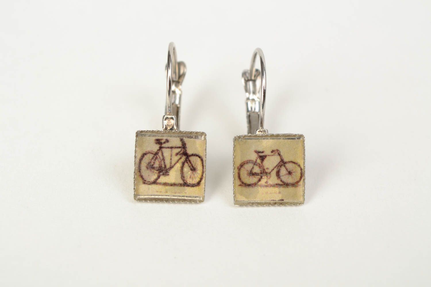 Handmade decoupage jewelry resin earrings with print Bicycles photo 3