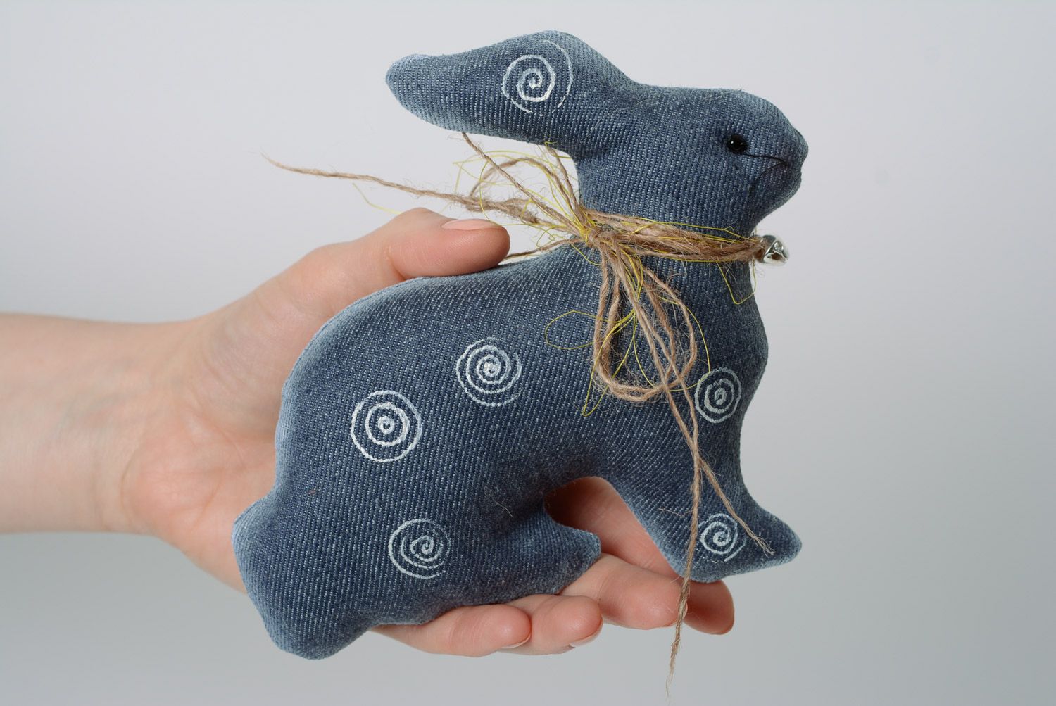 Handmade soft toy sewn of dark blue denim and painted with acrylics Rabbit photo 2