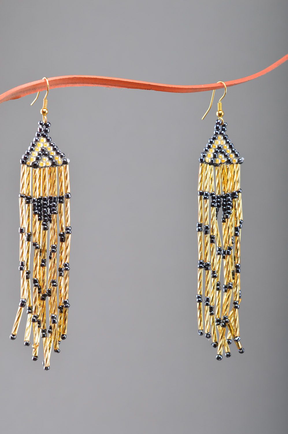 Handmade long dangle beaded earrings with fringe of golden and black colors photo 5