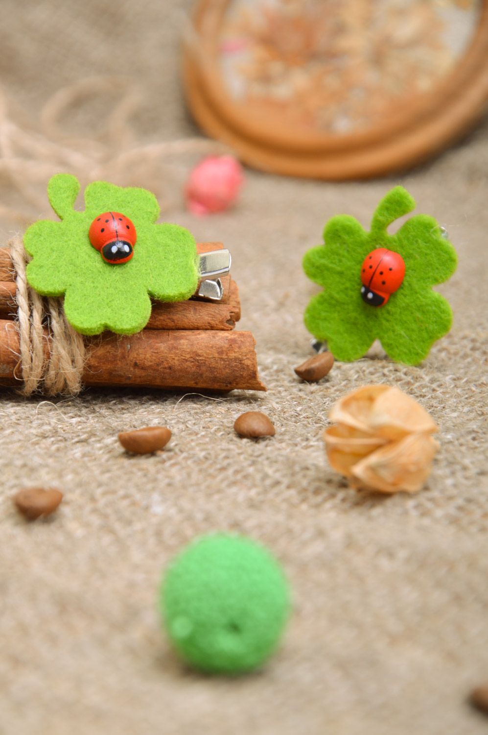 Set of handmade felt hair clips in the shape of leaves with ladybugs photo 1