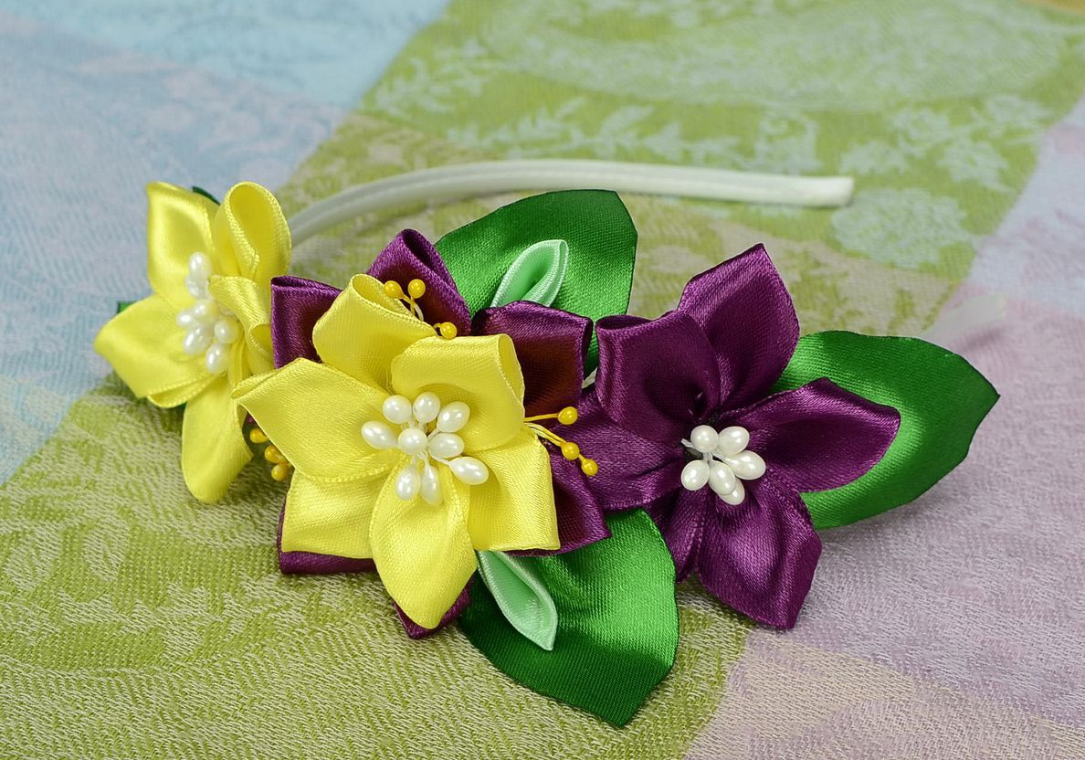 Headband, head wreath with satin flowers Yellow and violet photo 5