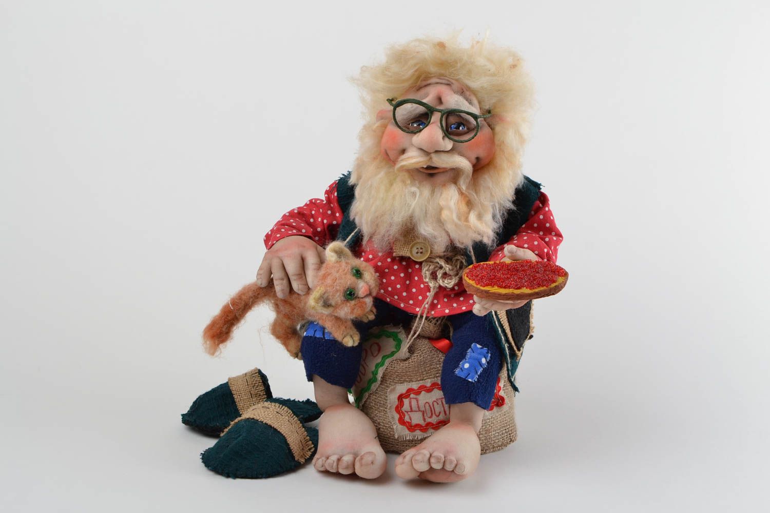 Капроновая игрушка дедушка с котом декоративная смешная необычная ручной работы фото 1