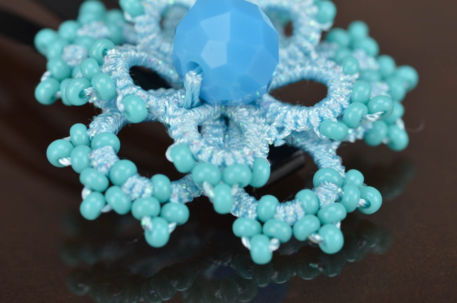 Handmade decorative hair clip with blue flower tatted of threads with seed beads photo 4
