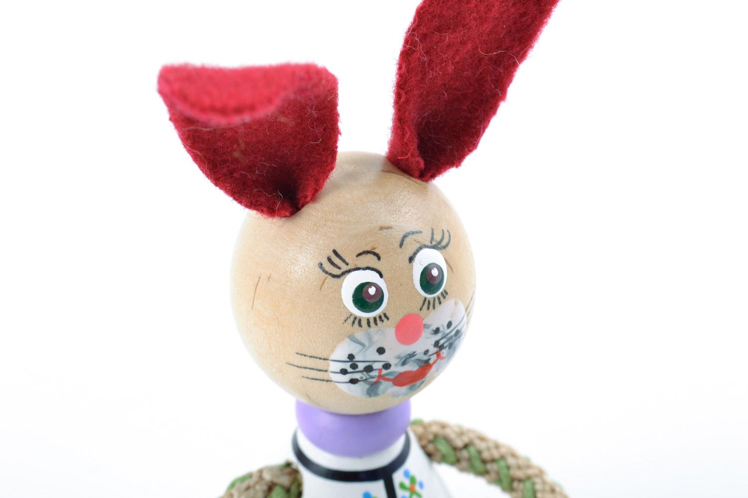 Handmade painted wooden eco toy rabbit with red ears and cord paws for children photo 3