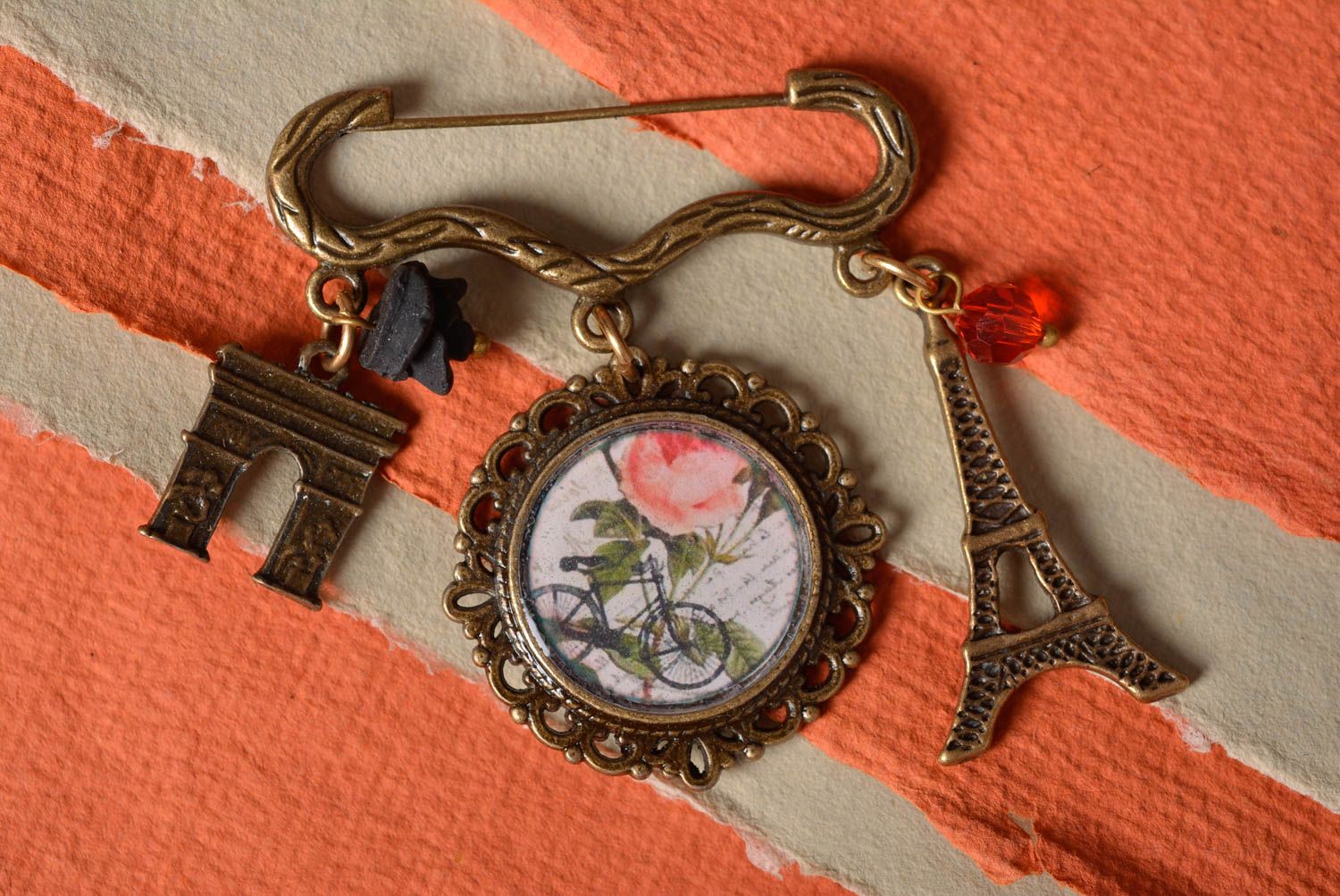 Women's handmade designer decoupage brooch with print and epoxy coating Paris photo 1