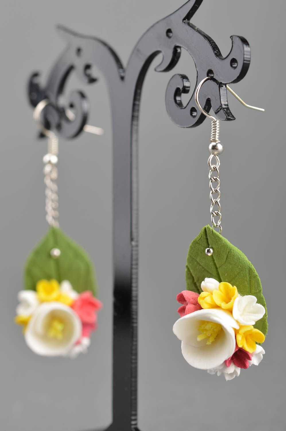 Beautiful homemade women's designer flower earrings molded of clay Leaves photo 5