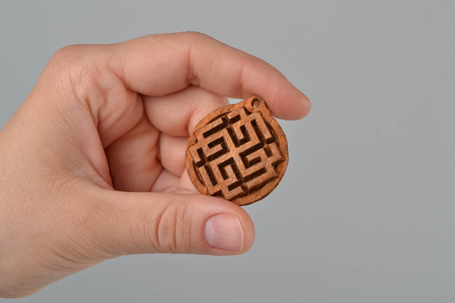 Slavonic handmade round unusual pendant amulet made of wood Svarozhych photo 2