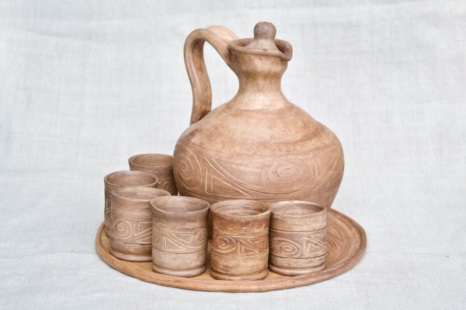 Jarro de cerámica artesanal vaso de chupito bandeja redonda de arcilla natural foto 5