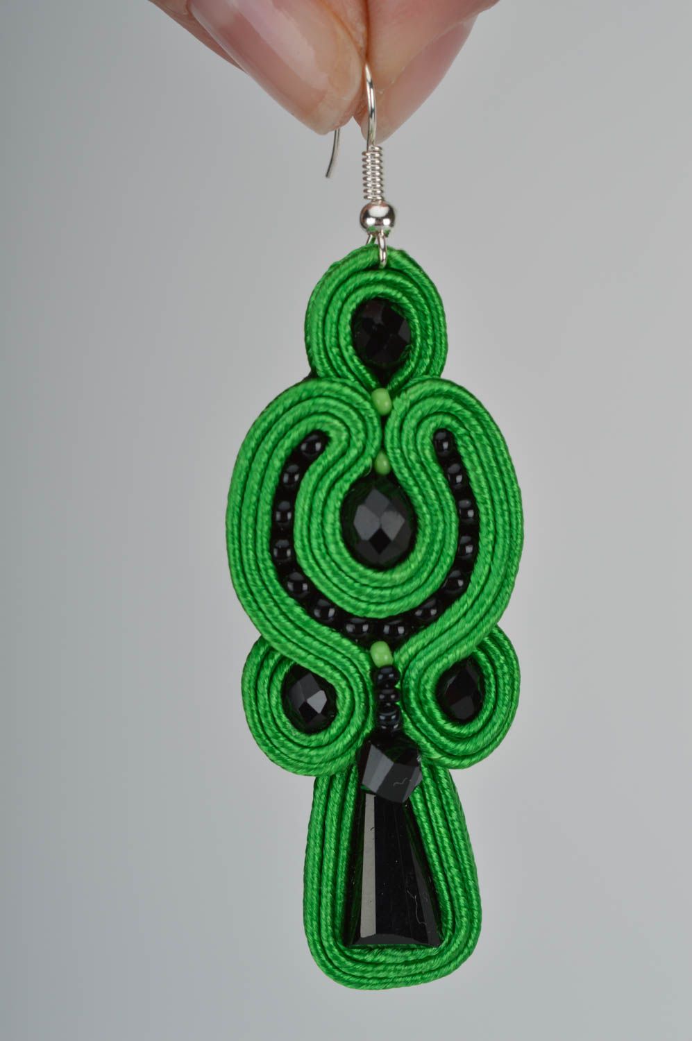 Handmade massive long soutache earrings in green color for an evening event photo 3