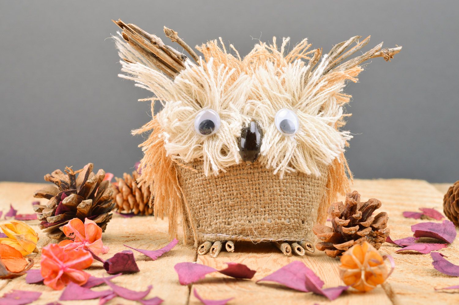 Small handmade owl figurine woven of wool and burlap for table decoration photo 2