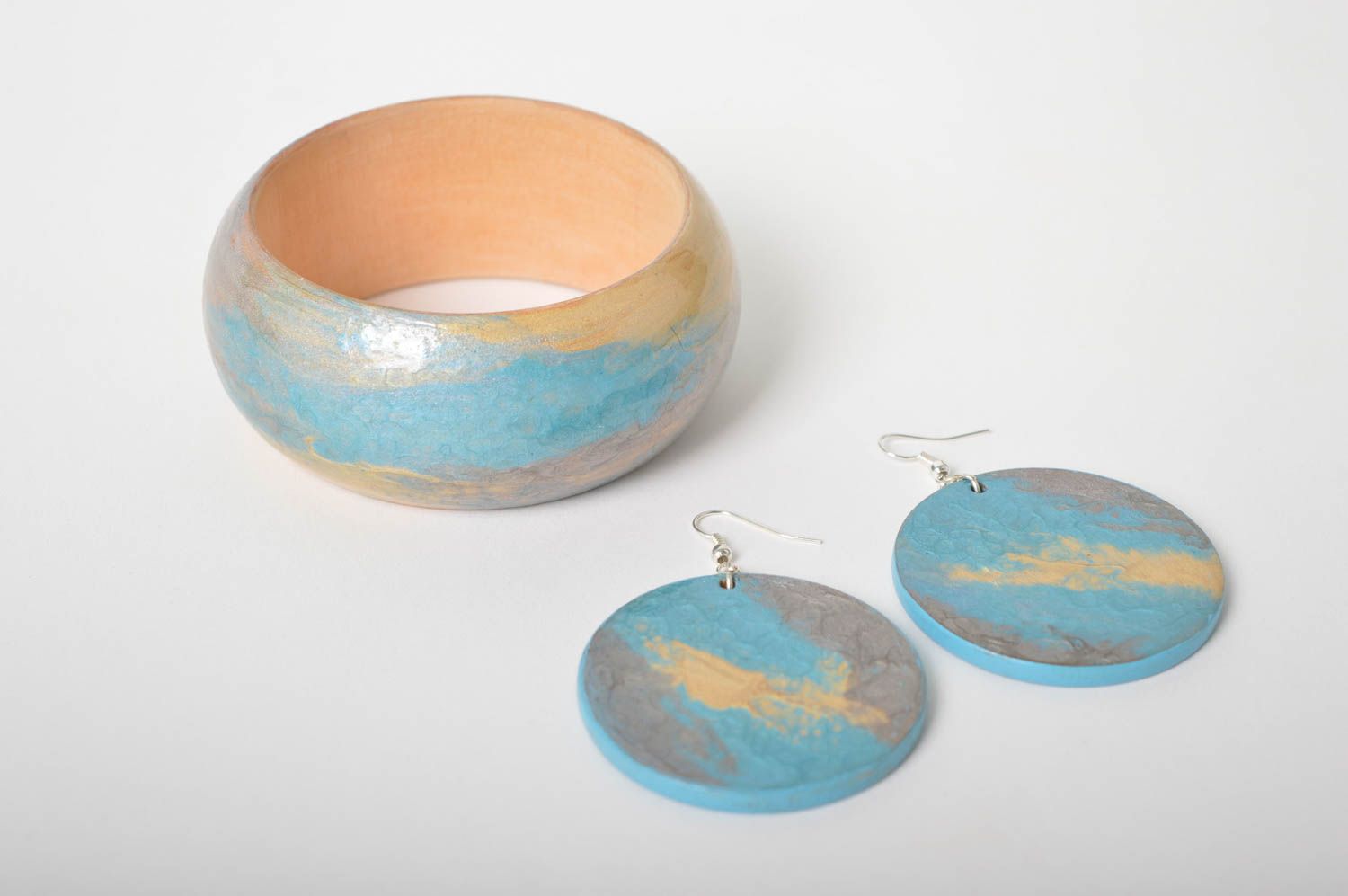 Handmade wooden accessories set of wooden bracelet blue wooden earrings  photo 2