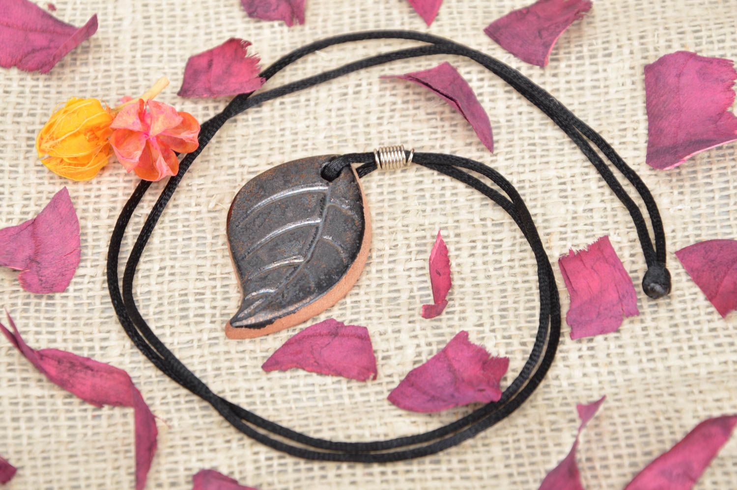 Beautiful handmade unusual clay leaf shaped pendant painted with glaze photo 1