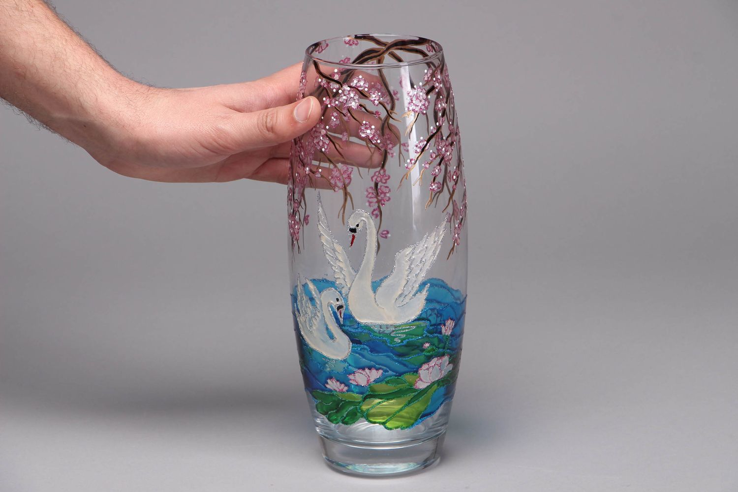 11 inches clear glass flower vase with swan picture 45 oz 1,34 lb photo 4