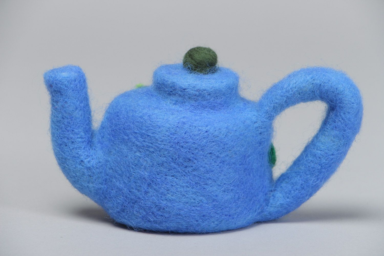 Handmade blue woolen toy teapot with butterfly made using felting technique  photo 3