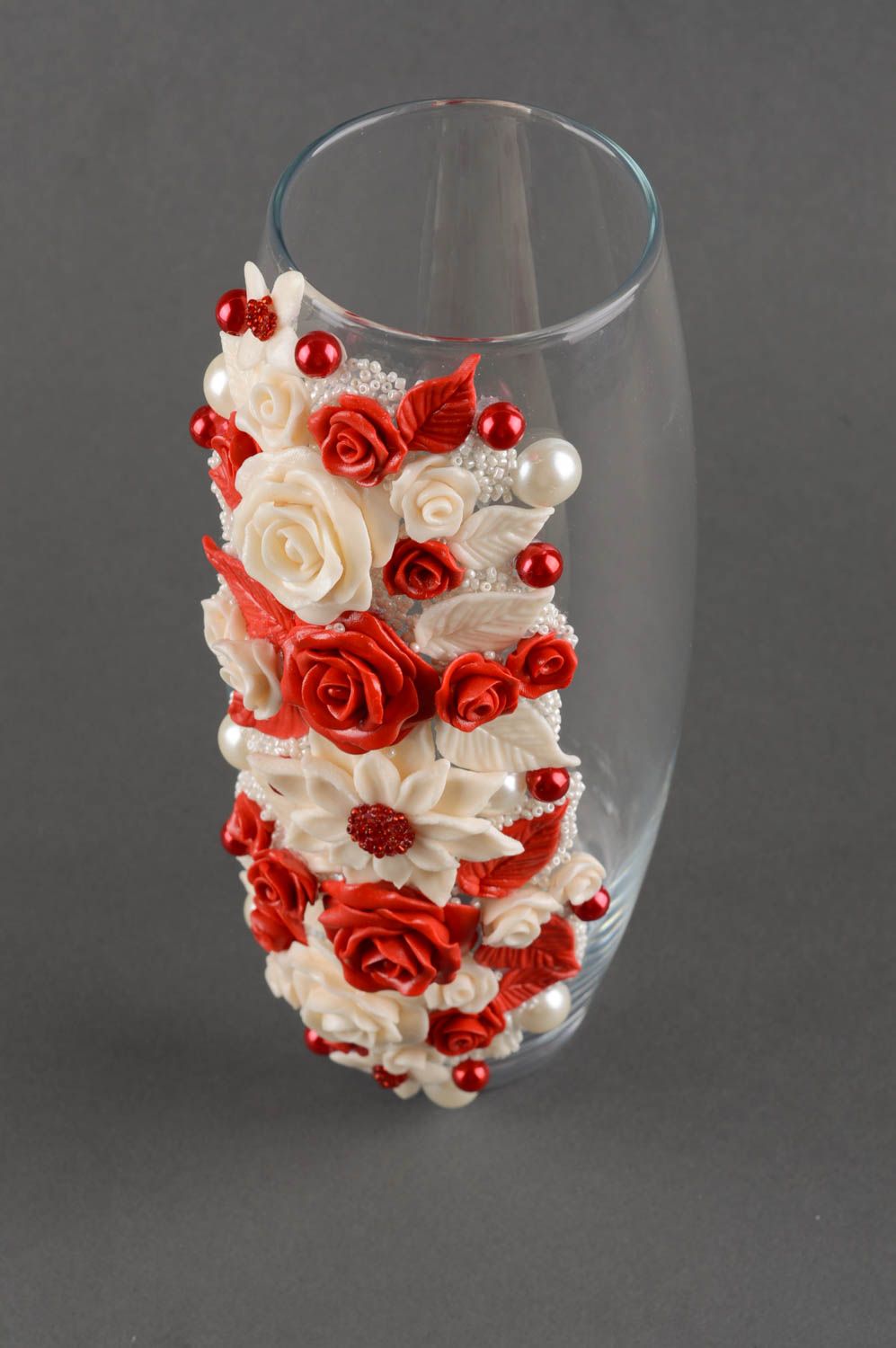 11 inches clear glass flower vase with floral décor with red&white roses 1,6 lb photo 5