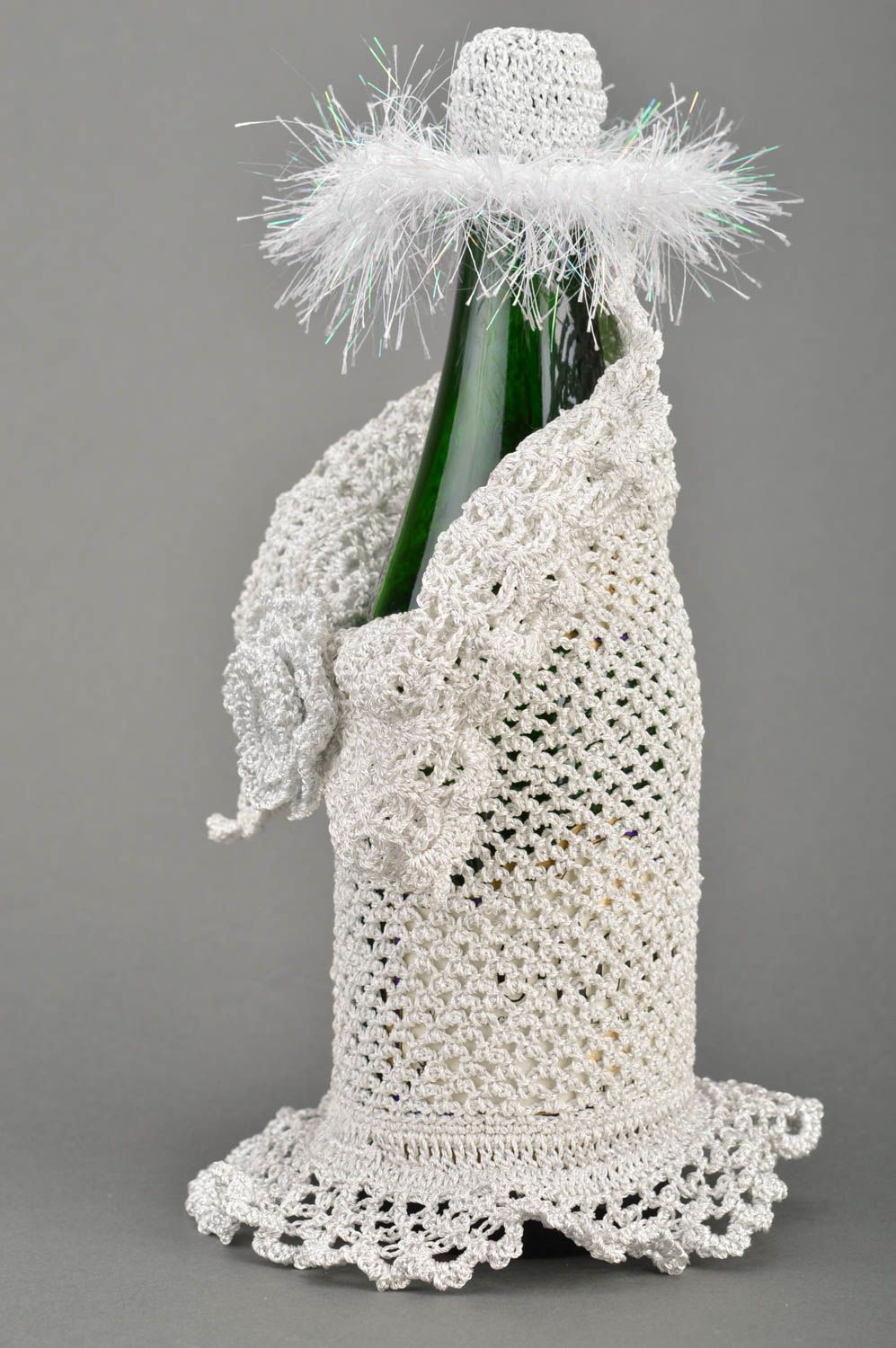 Handmade white crocheted dress for bottle made of acryl decor for alcohol  photo 3