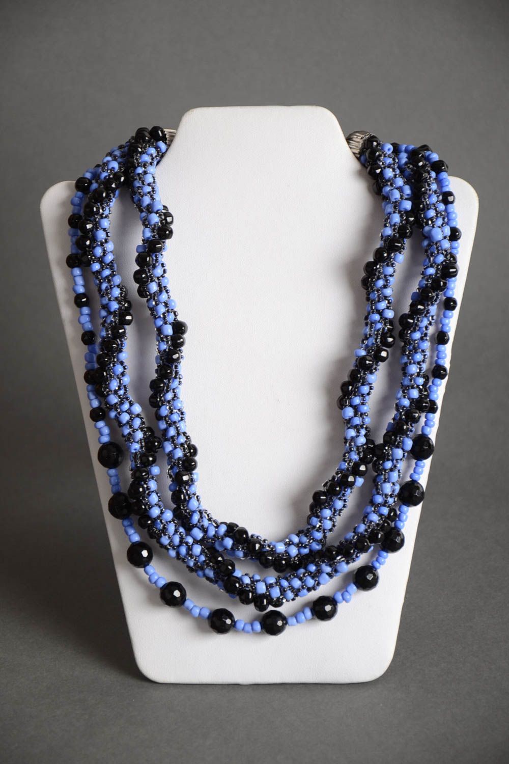 Handmade multi row women's necklace crocheted of blue and black Czech beads photo 2