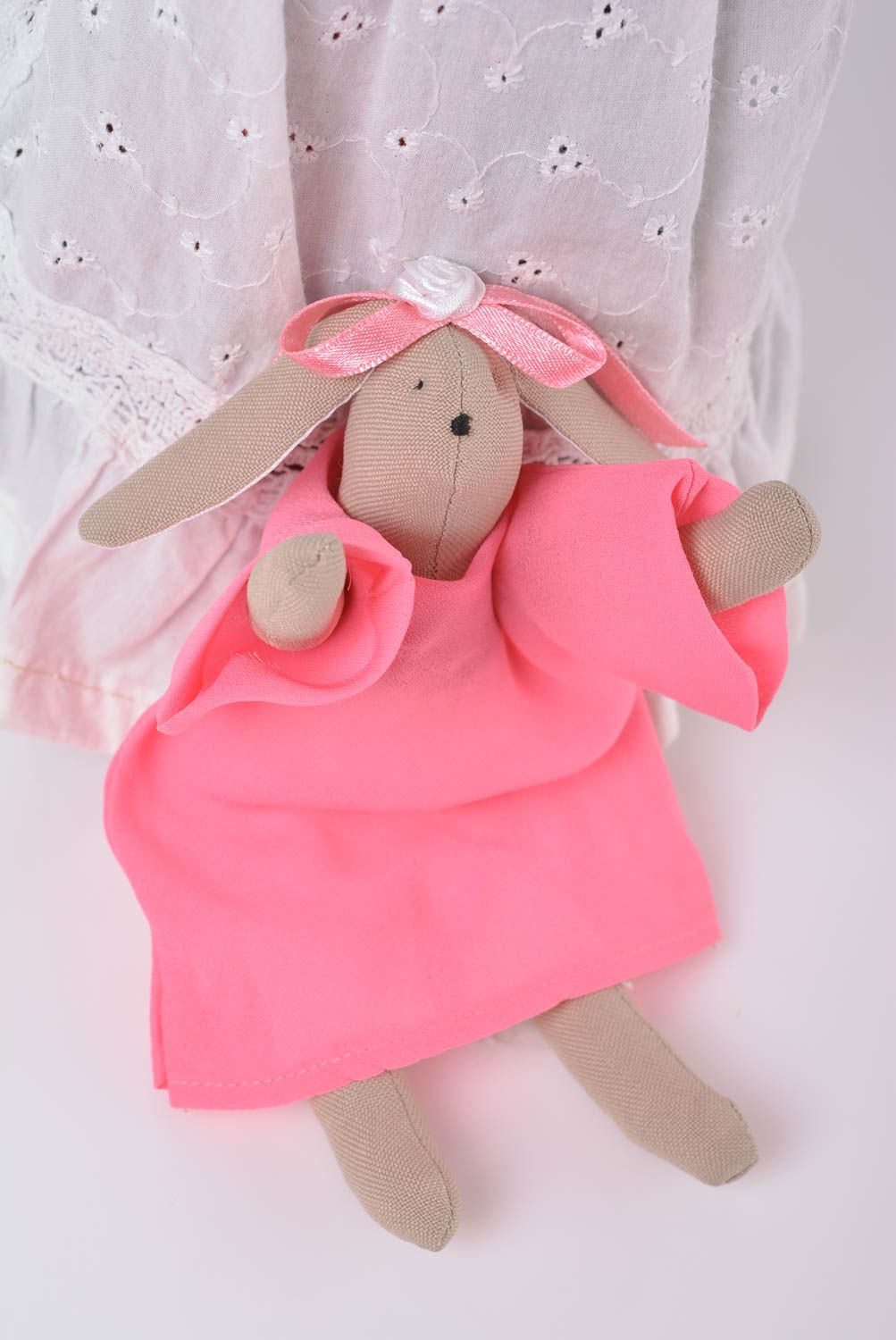 Handmade designer cotton toy Rabbit Girl on stand beautiful nursery decor photo 3