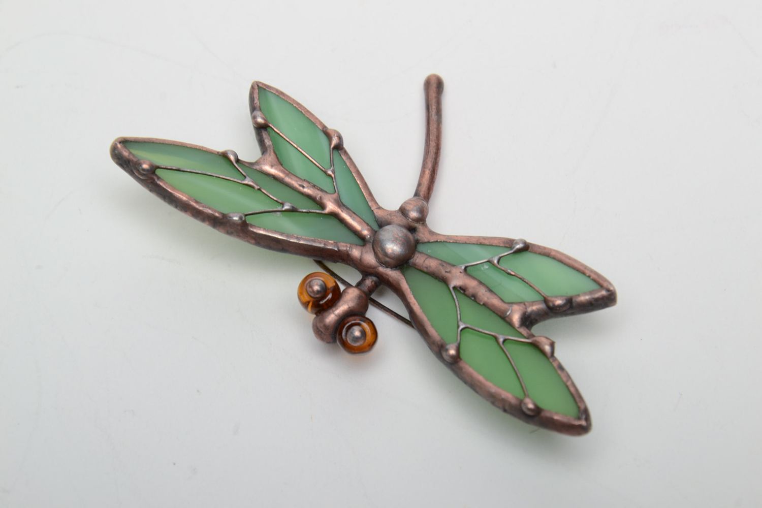 Stained glass brooch Green Dragonfly photo 2