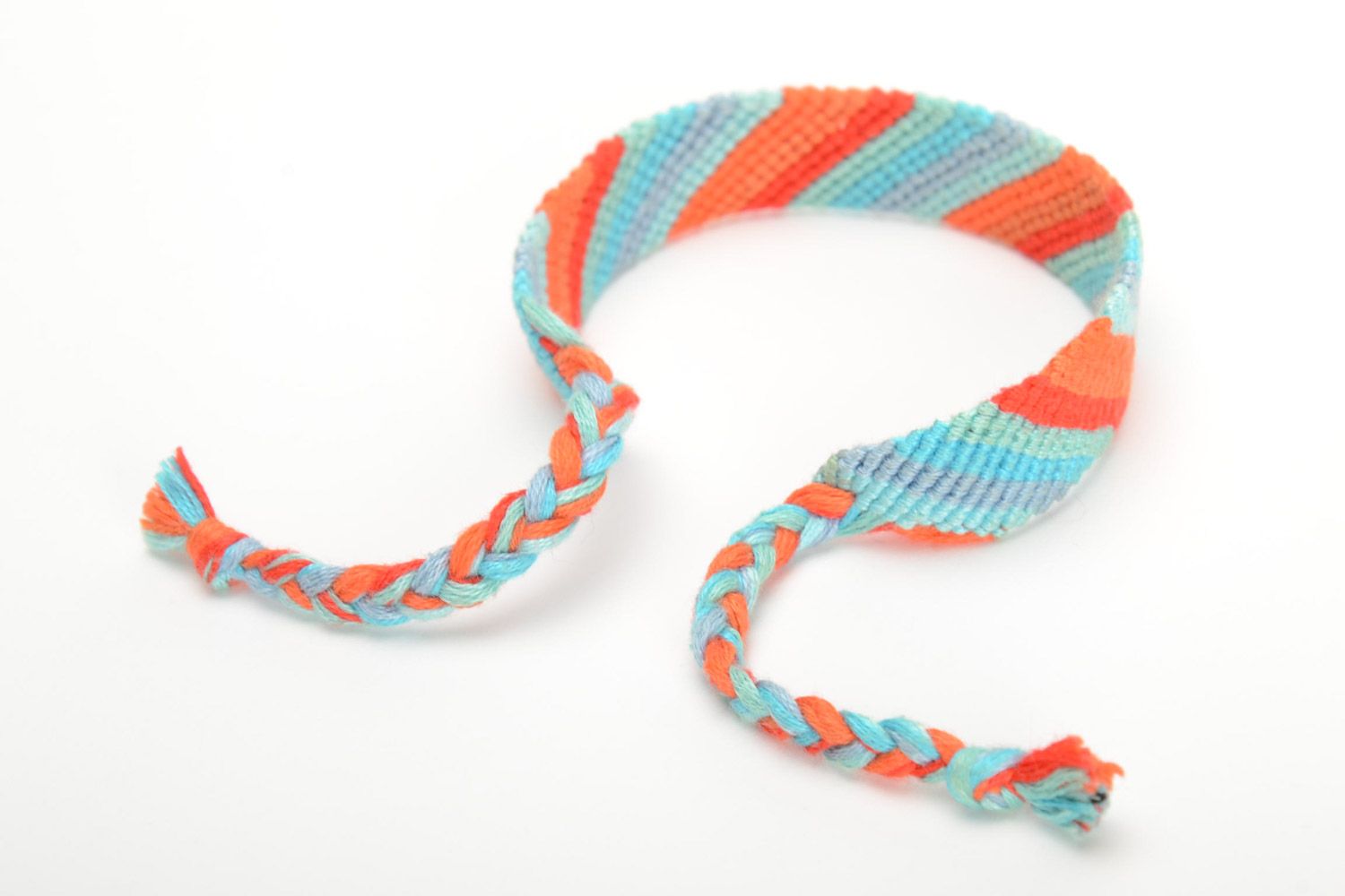 Handmade striped friendship bracelet woven of orange and blue embroidery floss photo 3