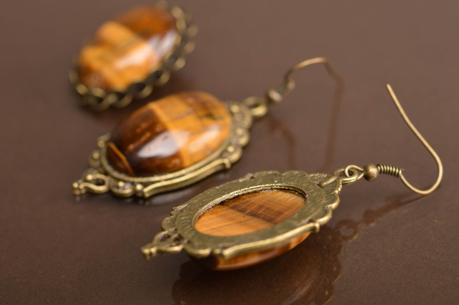 Set of handmade brown stone jewelry 2 accessories earrings and brooch  photo 5