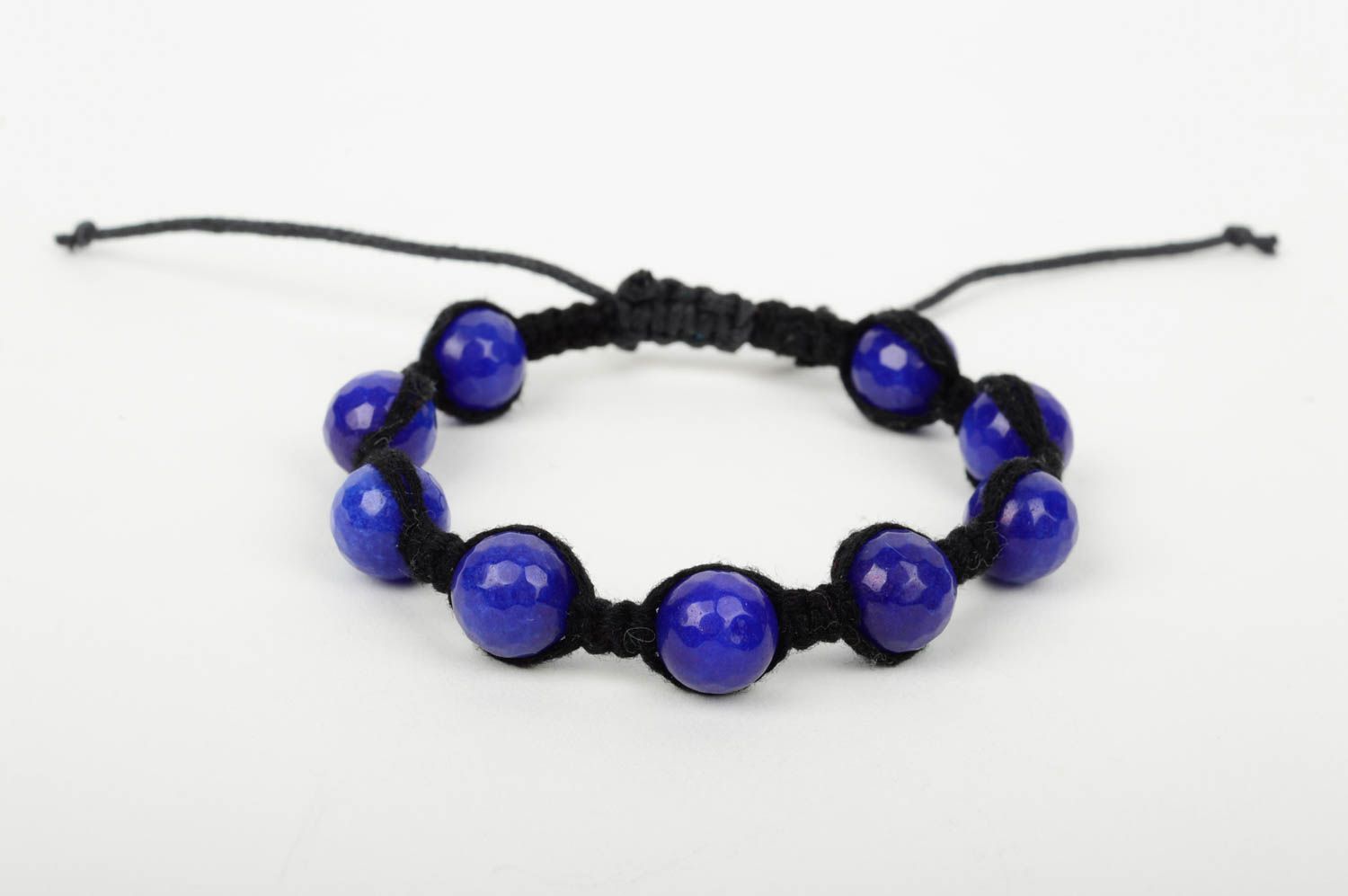 Bracelet textile Bijou fait main noir boules bleues de saphir Accessoire femme photo 2