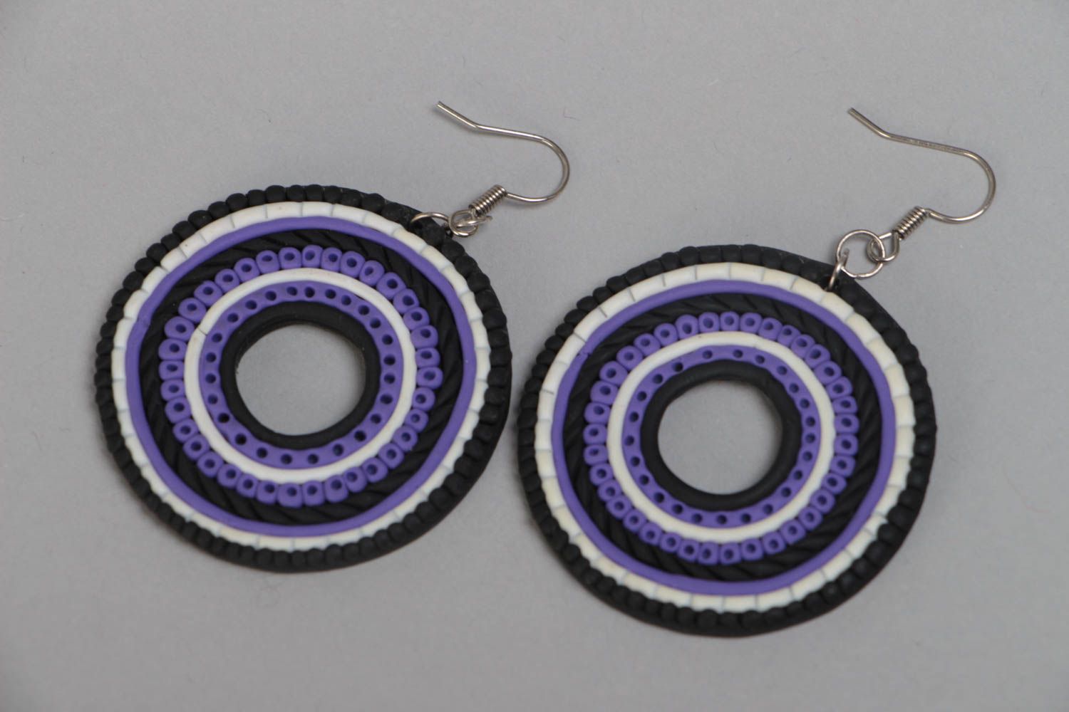 Handmade polymer clay round shaped dangle earrings black and violet photo 2
