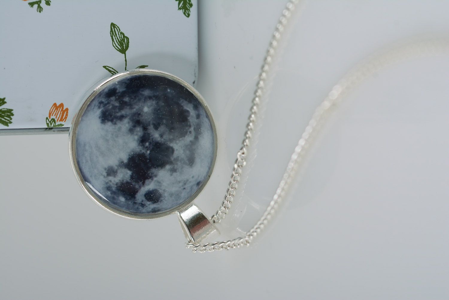 Tender blue round pendant with natural plant in epoxy resin on chain handmade photo 4