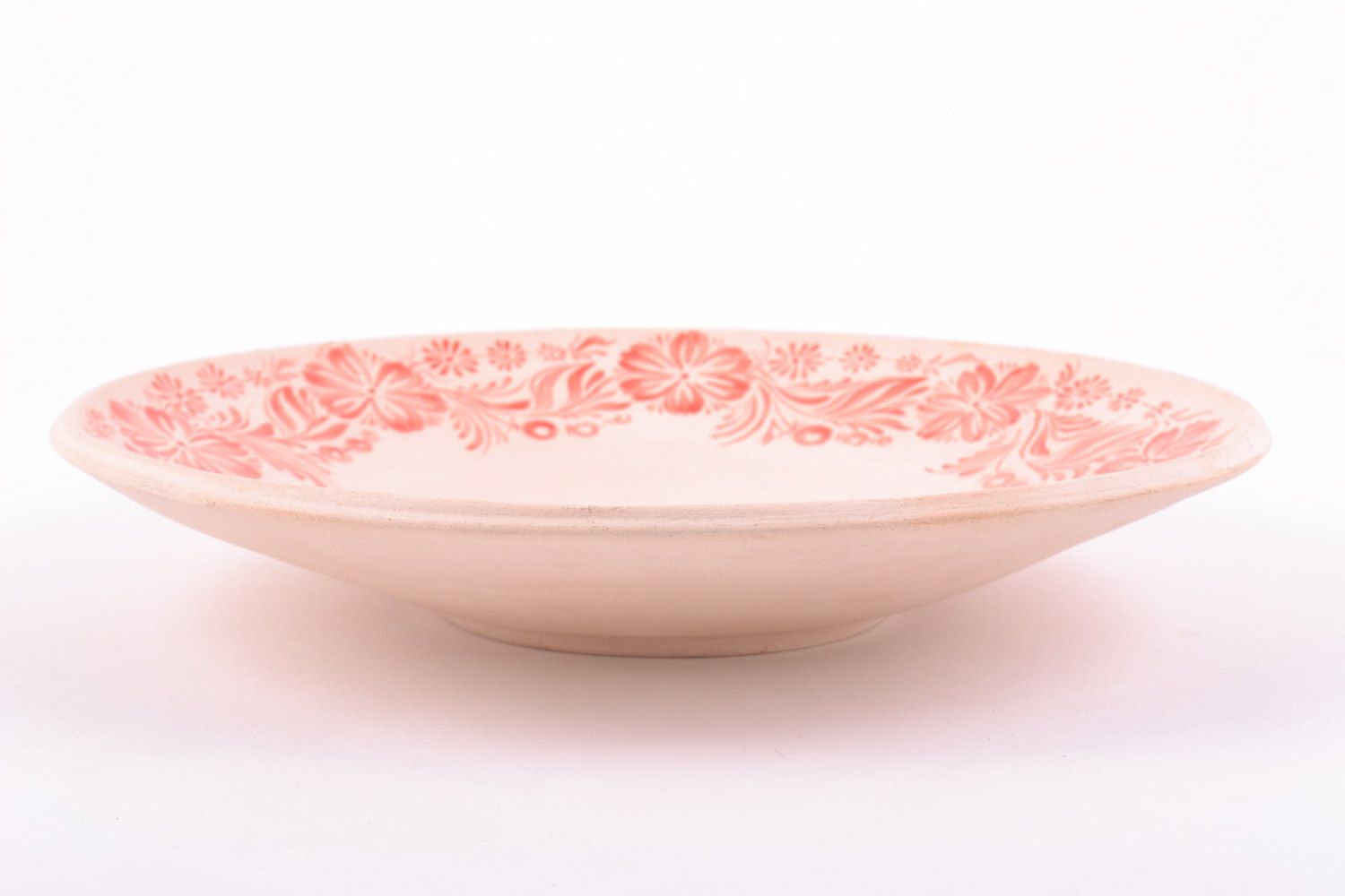 Большая белая глиняная тарелка расписанная глазурью ручной работы красивая фото 4