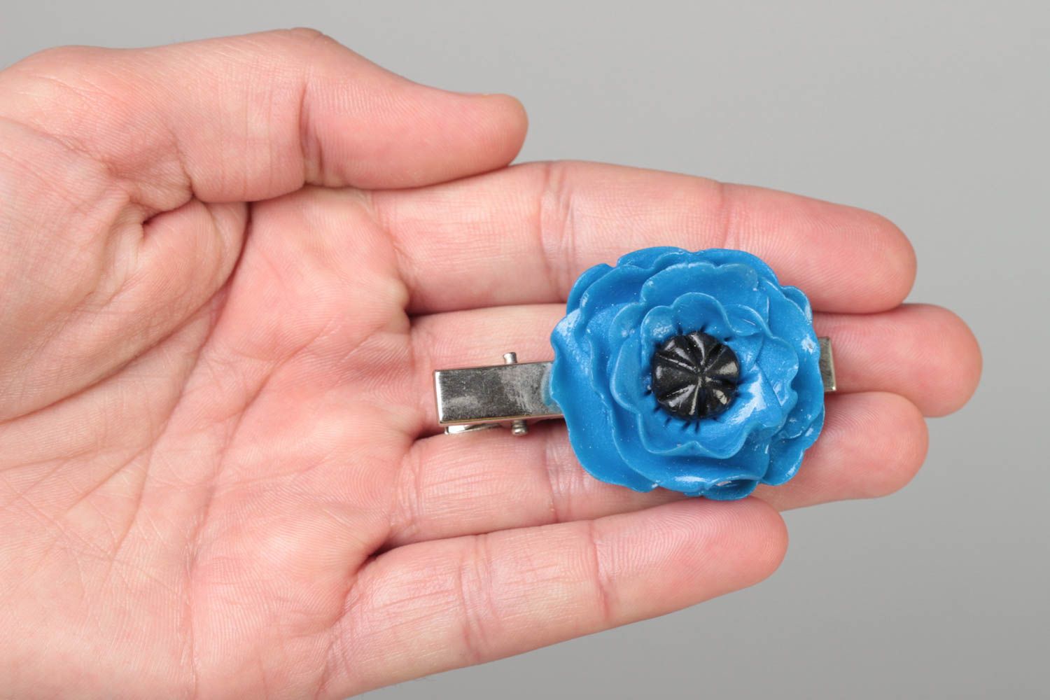 Handmade small decorative hair clip on metal basis with blue polymer clay flower photo 5