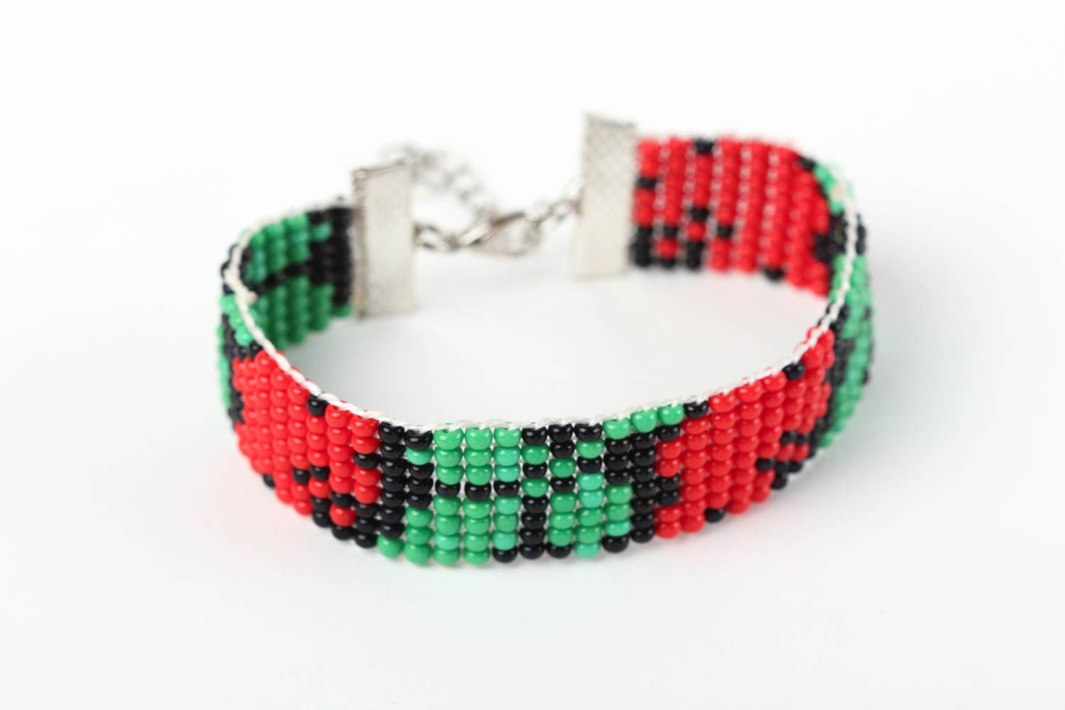 Adjustable green, black, red beads bracelet with floral ornament for her photo 3