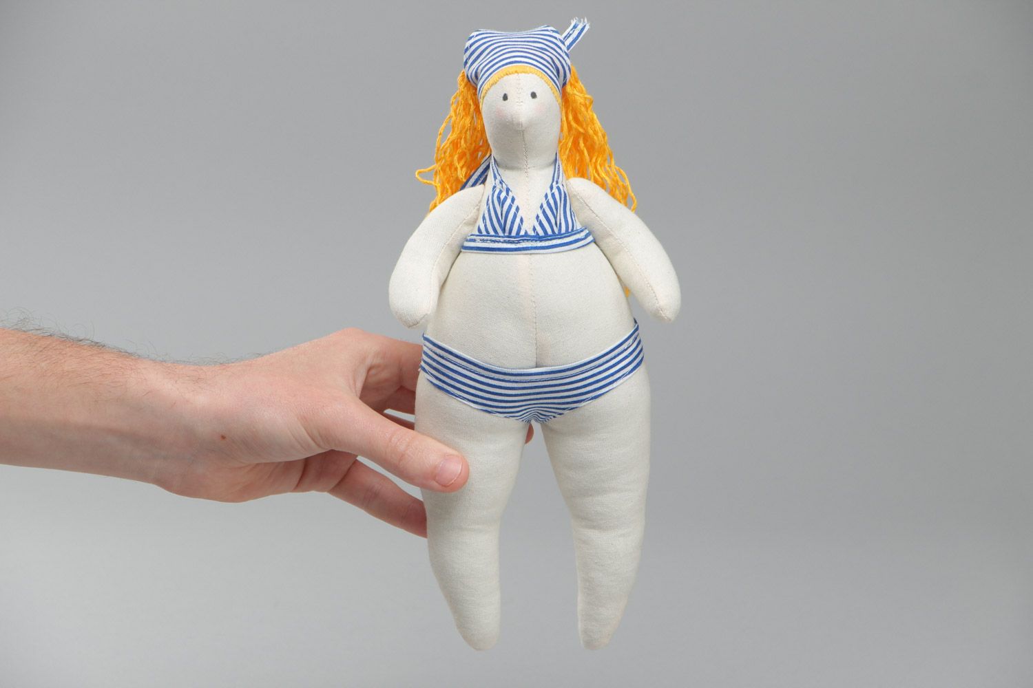 Handmade soft toy sewn of cotton and linen Girl with yellow hair in swimming suit photo 5