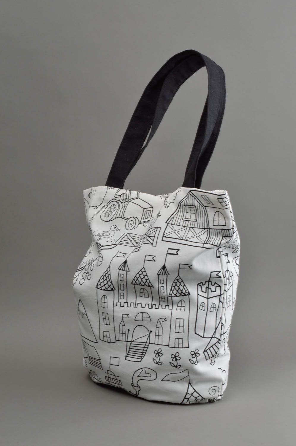 Хлопковая сумка ручной работы с рисунком в виде пейзажа белая большая стильная фото 2