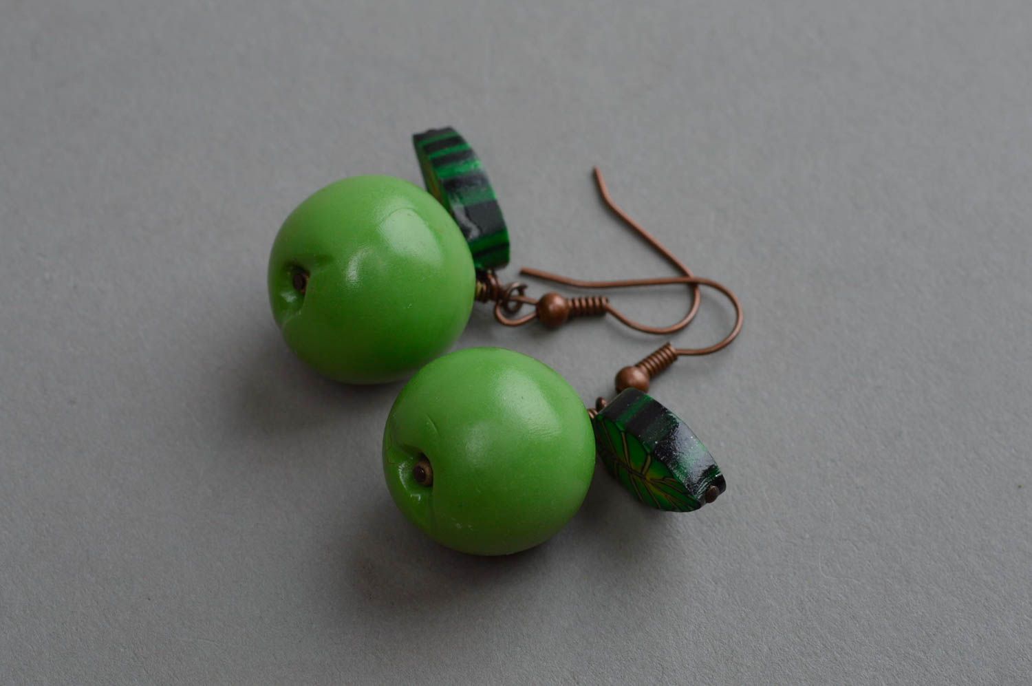 Handmade beautiful accessory earrings in shape of apples green long jewelry photo 2