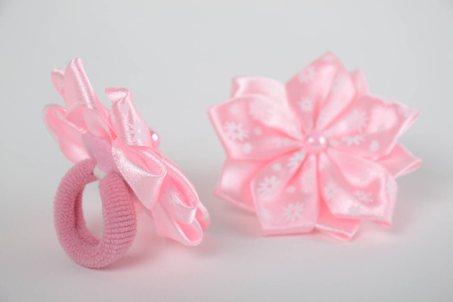 Set of handmade designer pink satin ribbon flower hair ties 2 pieces kanzashi photo 2