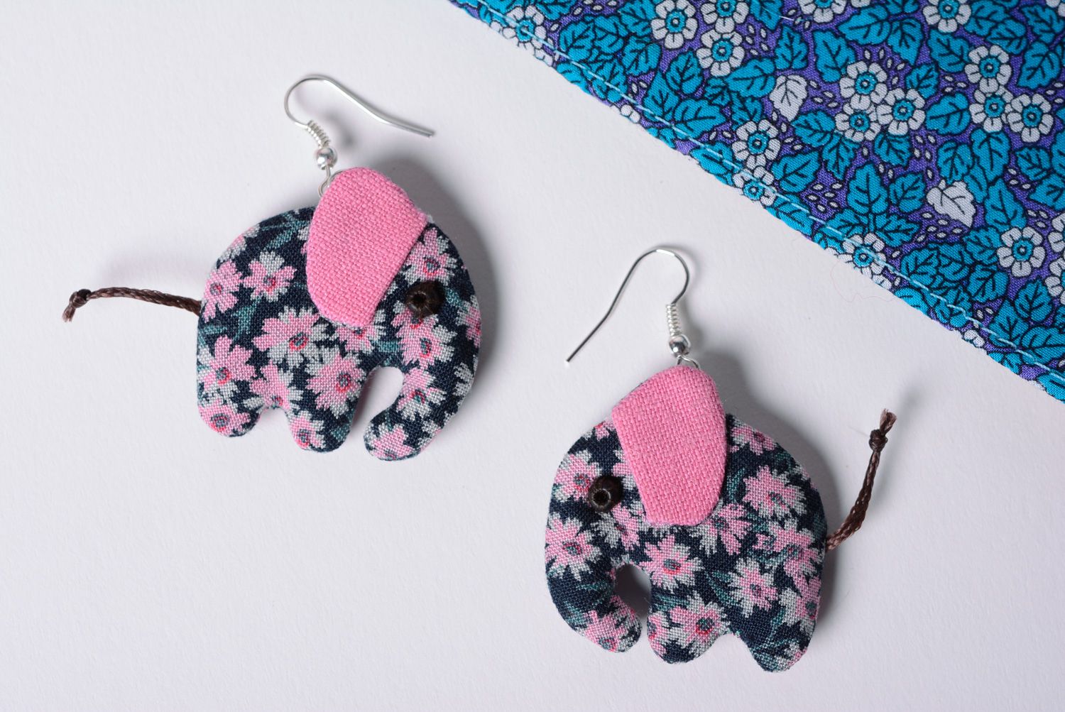 Handmade textile dangle earrings in the shape of elephants photo 1