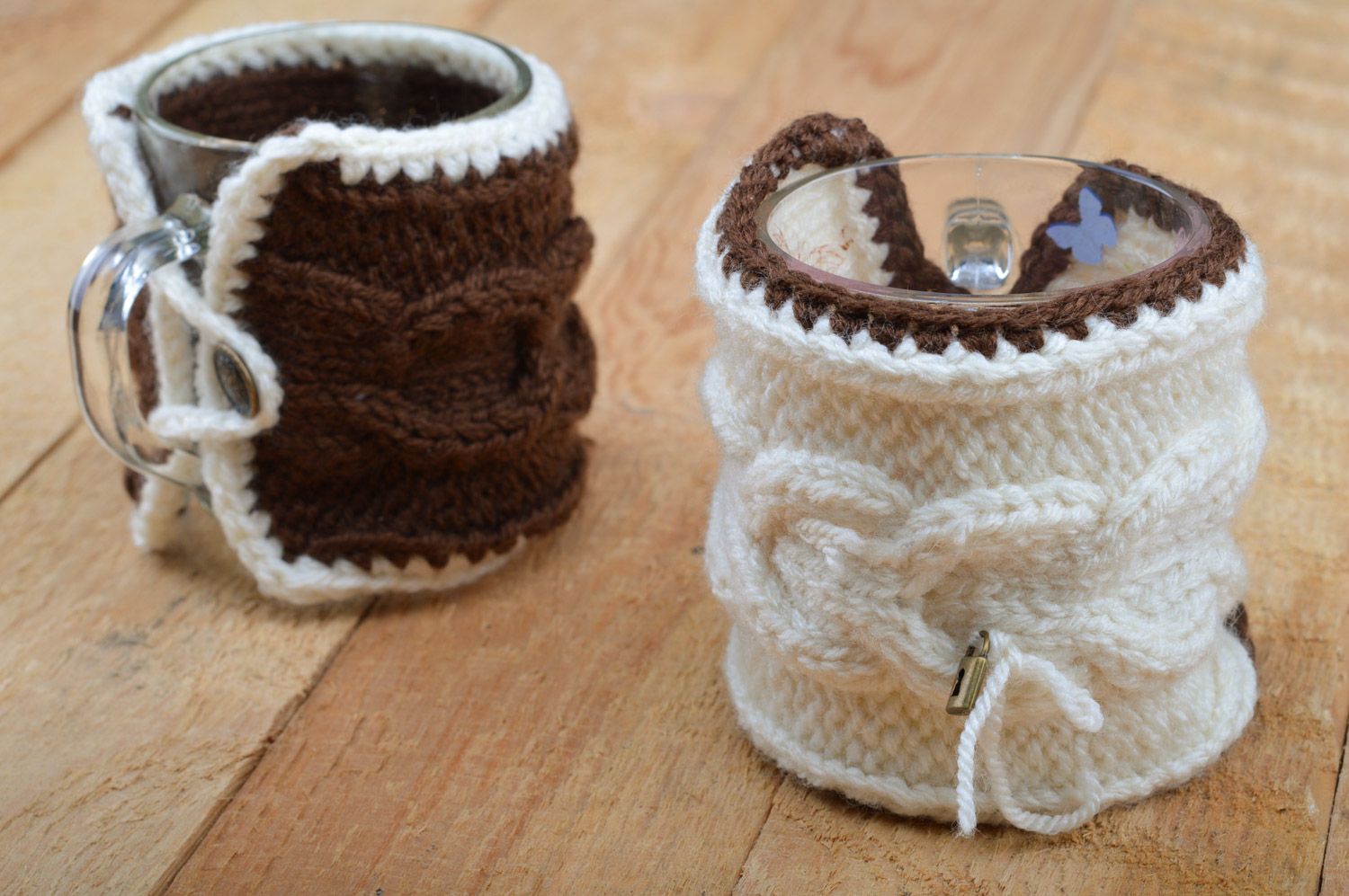 Set of 2 handmade cup cozies woven of woolen threads of white and brown colors photo 5