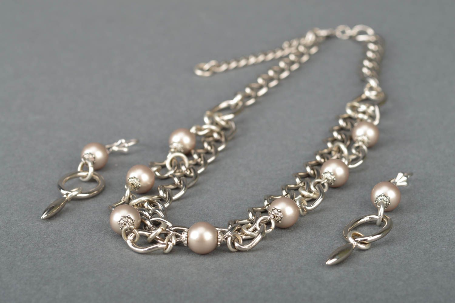 Beautiful handmade jewelry set of designer metal necklace and earrings Pearl photo 5