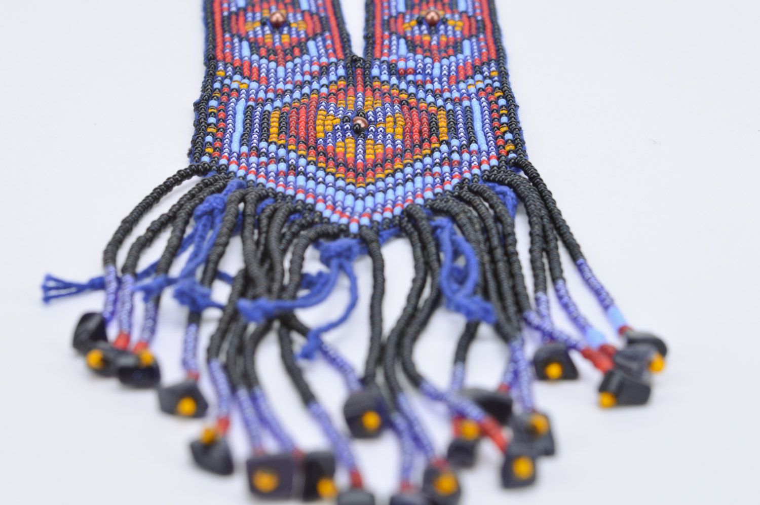 Handmade ethnic beaded necklace with fringe and ornament in blue color palette  photo 5