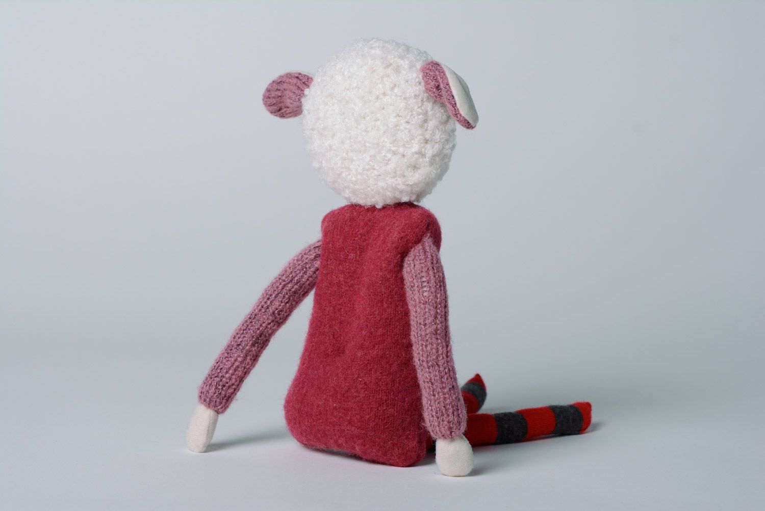 Cute handmade soft toy sewn of jersey and wool in the shape of lamb in coat photo 4
