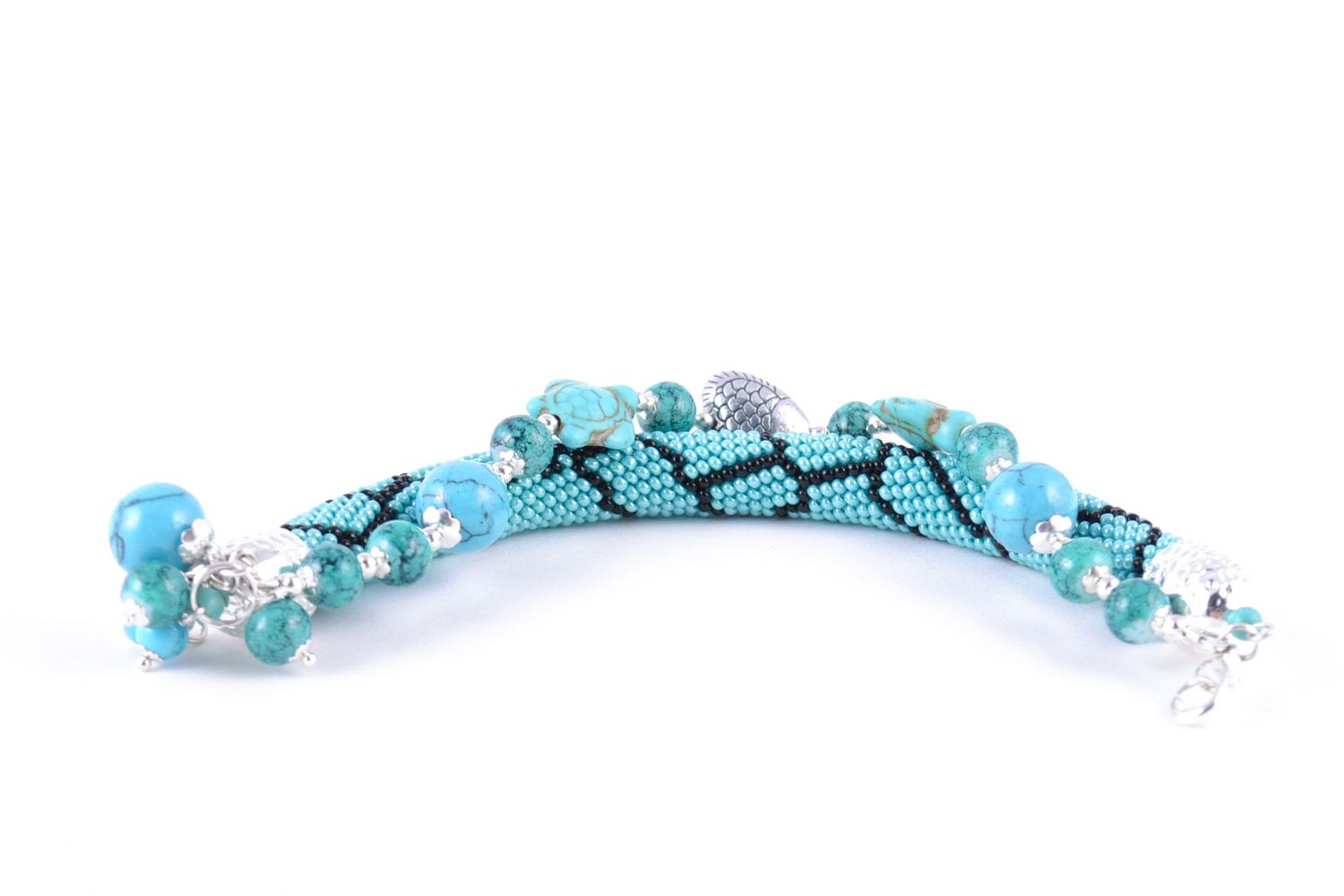 Handmade beaded cord necklace woven of seed beads and turquoise stone with metal fittings photo 5