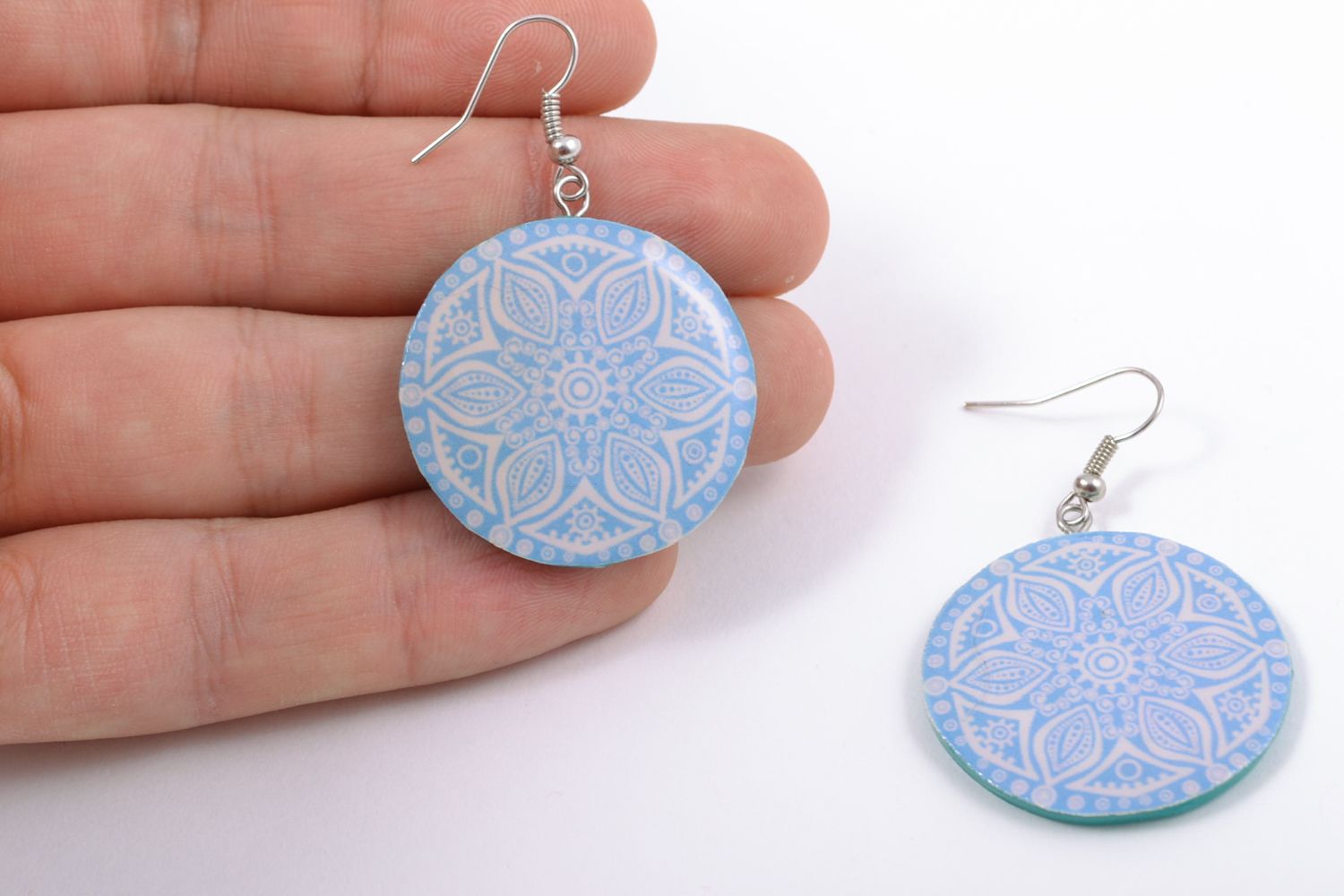 Blue round polymer clay earrings photo 2