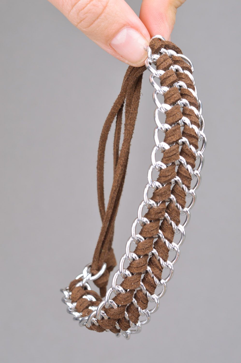 Handmade brown woven genuine leather wrist bracelet with metal chain photo 3