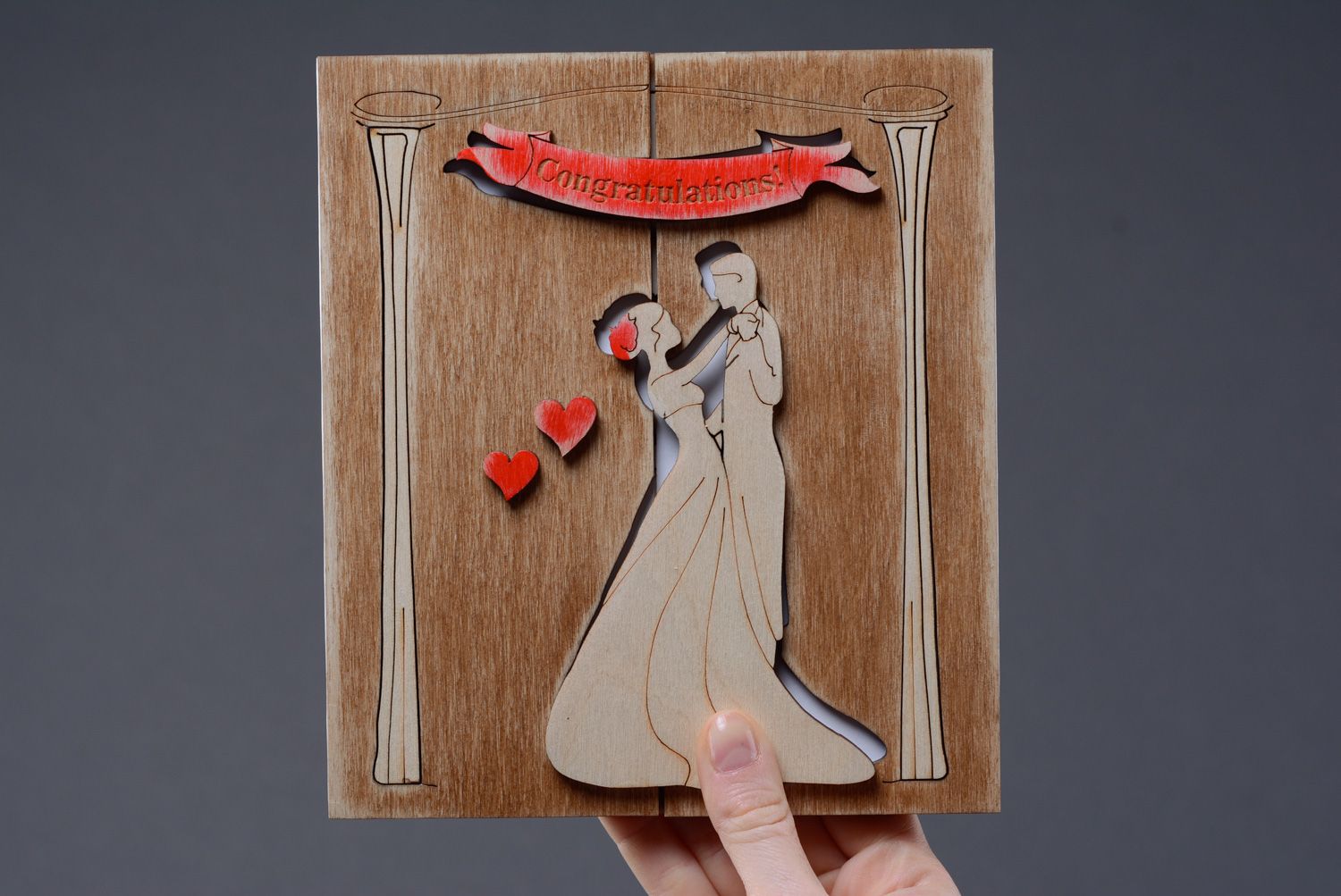 Carte de félicitations de mariage en bois peint faite main originale design photo 5