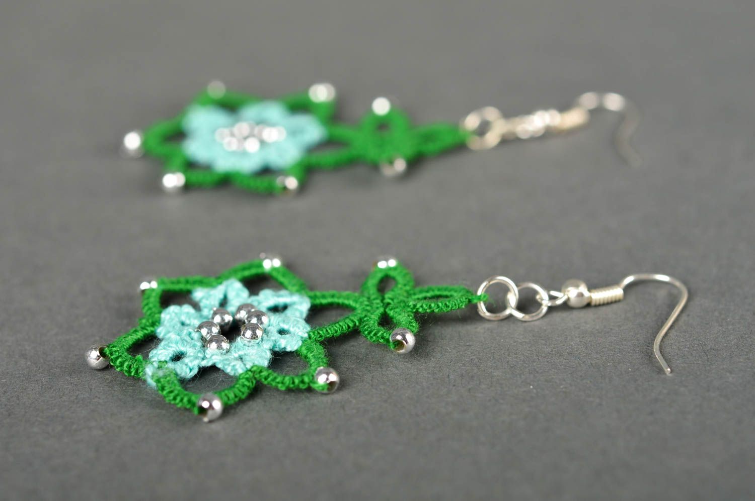 Handmade openwork earrings green elegant earrings cute tatting jewelry photo 3