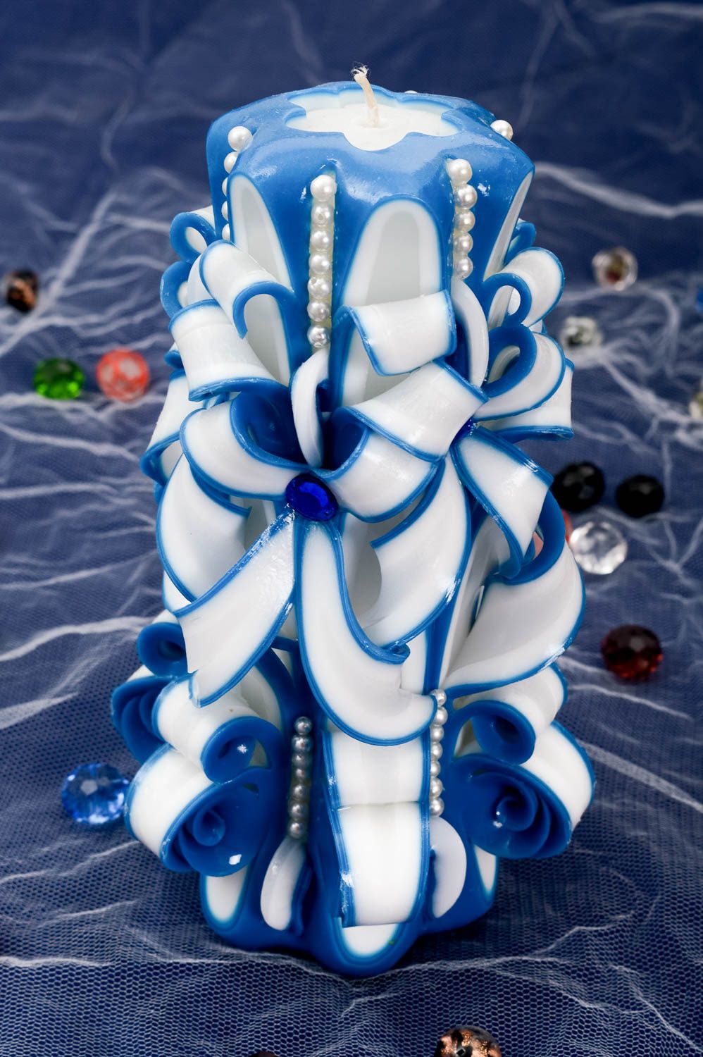 Резная свеча ручной работы свеча свадебная аксессуар для свадьбы синяя фото 1